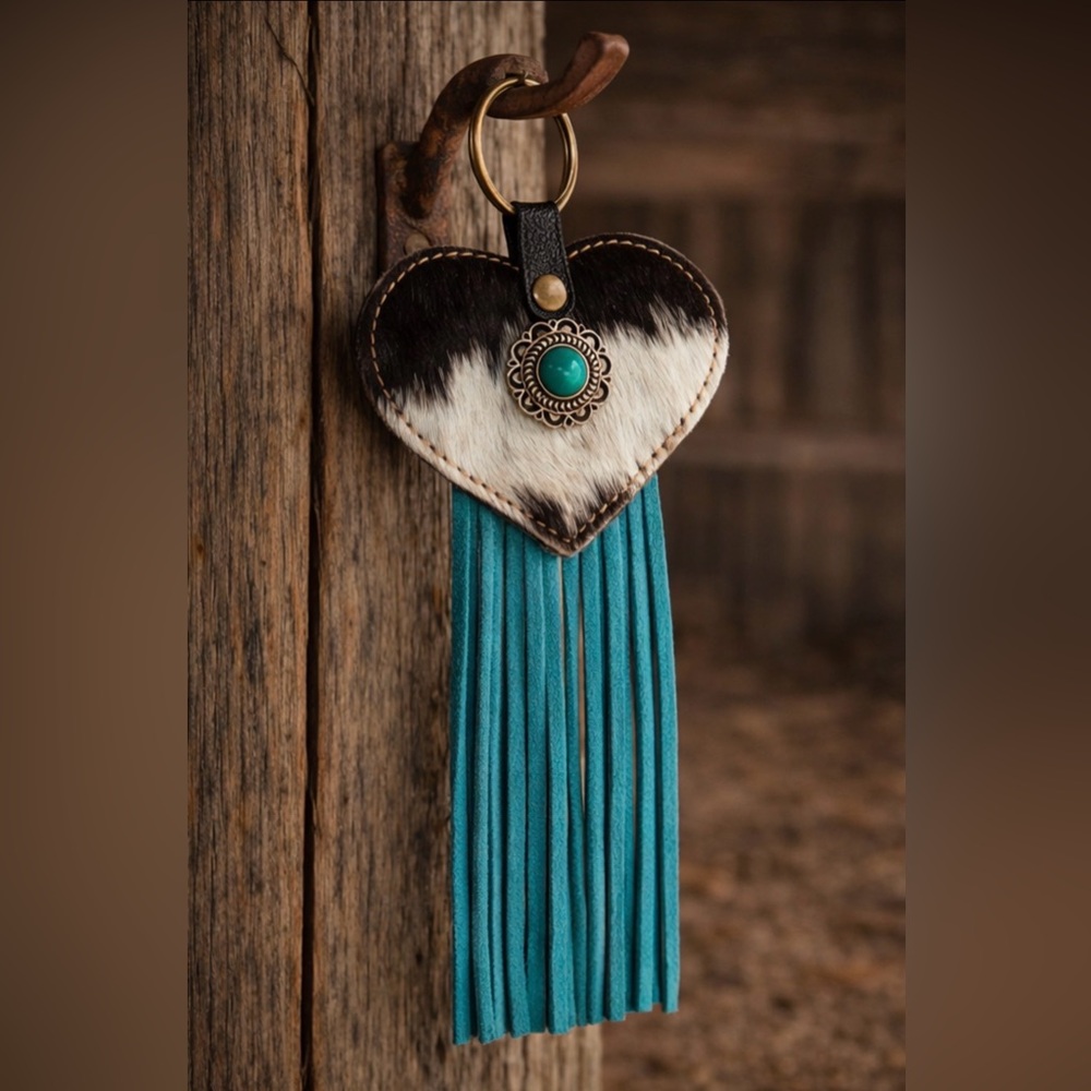 Heart Leather Tassel Keychain with Turquoise Accent